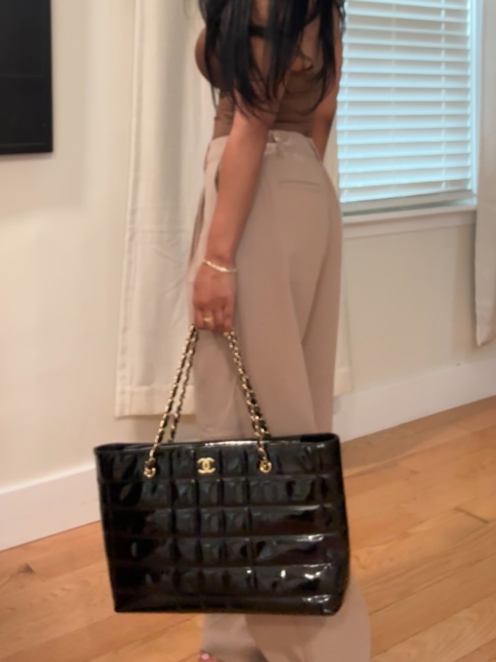 Vintage Chanel Chocolate Bar Patent Leather Large Grand Shopping Bag